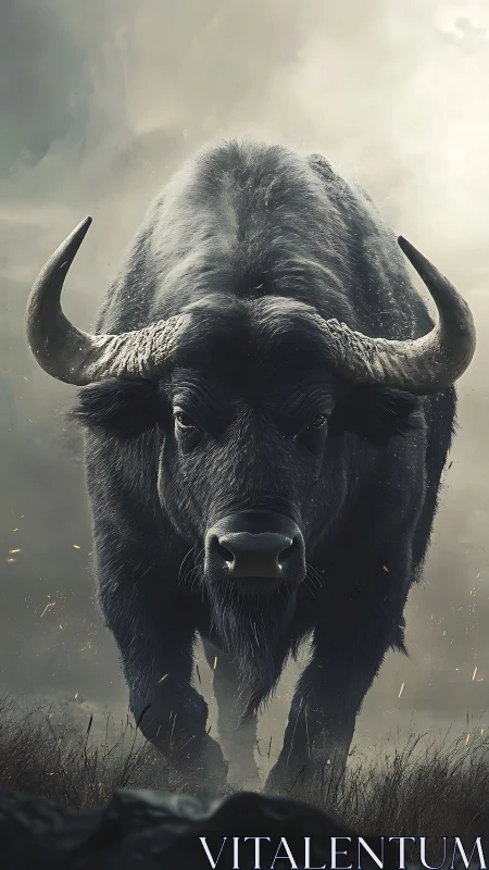 Frontal charge of horned bovid in cinematic atmospheric dust field.