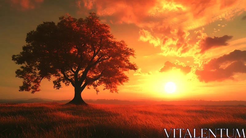 Solitary deciduous tree on open field at low sun angle.