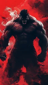 Ferocious werewolf warrior stands against erupting crimson void
