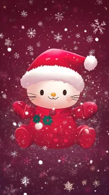 Cute Christmas cat character in red snow scene.