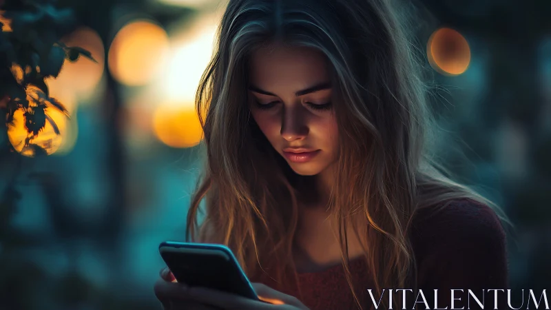 Young woman studies glowing phone screen in dusk bokeh light