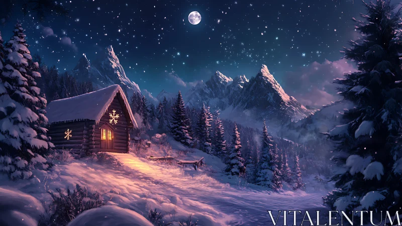 Snowy mountain cabin under starlit winter night sky.