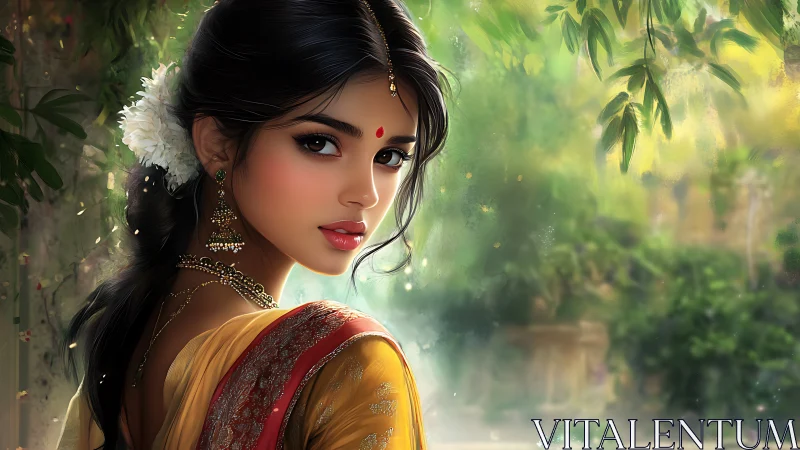 Elegant Indian Woman in Traditional Attire, Digital Art Portrait.