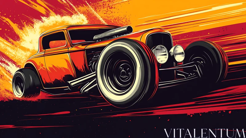 Orange hot rod illustration on dynamic fiery roadscape.