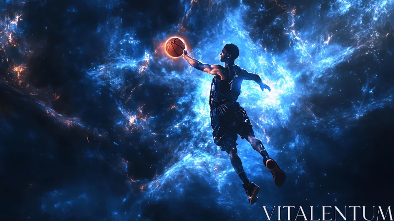 Basketball player executes cosmic dunk amid luminous nebula field