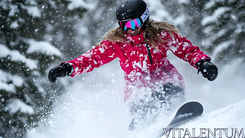 Snowboarder carves powder through dense alpine snowfall