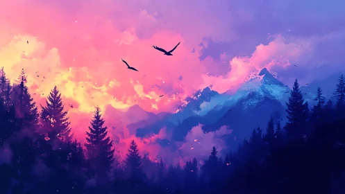 Neon dusk over whispering pines and dreamlit peaks.