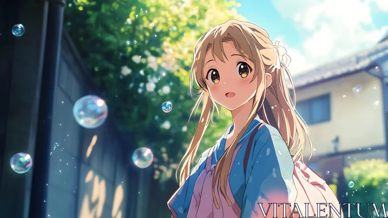 Sunlit alley stroll with bubbles and smiling anime girl.