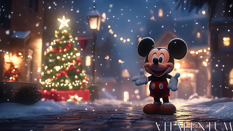 Cartoon mouse celebrates snowy village Christmas night