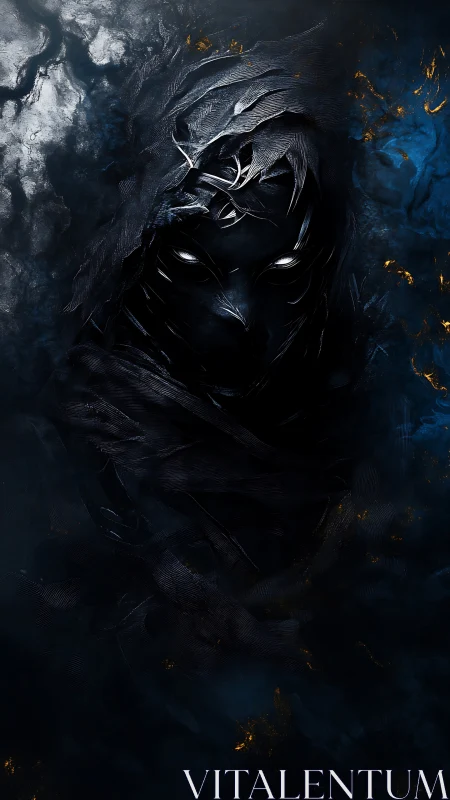 Shrouded shadow figure watches quietly from swirling darkness