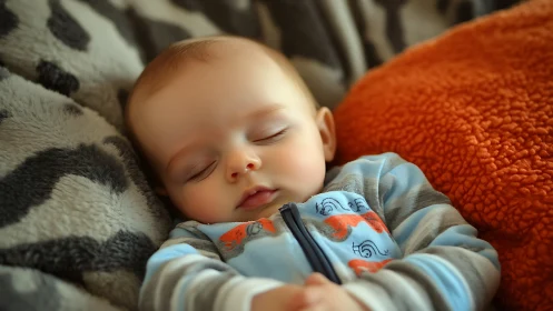 Sleeping infant nestled among soft textured blankets and cushions