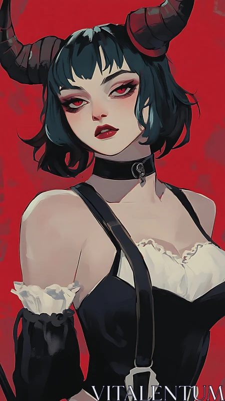Striking demon horned girl gazes forward with bold confidence