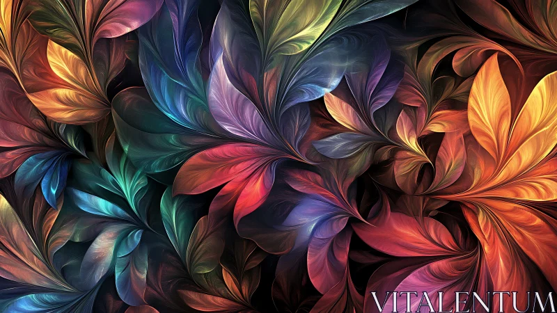 Digital painting of iridescent abstract foliage in radial motion.