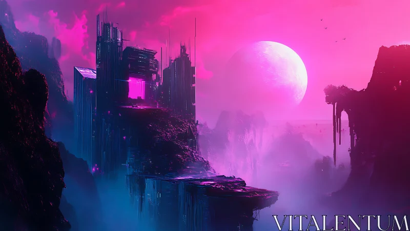 Neon cliffs cradle a lunar-soaked cyber skyline dream.