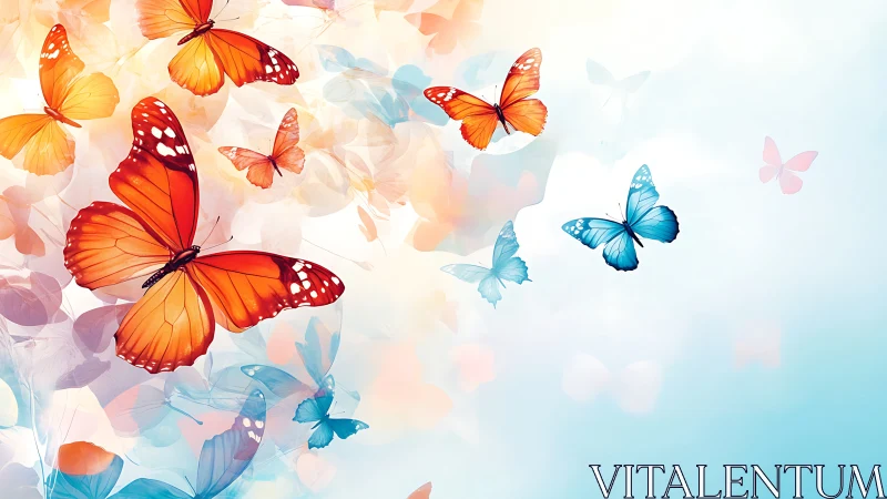 Sunrise kaleidoscope of drifting orange and blue butterflies.