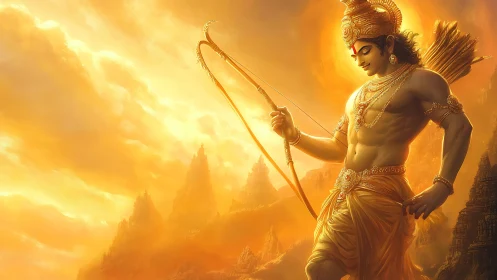 Mythological archer figure in golden atmospheric landscape.