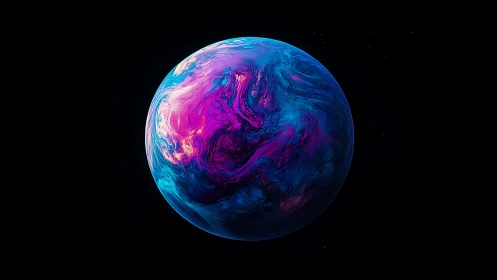 Vibrant neon planet floats in deep black cosmic void