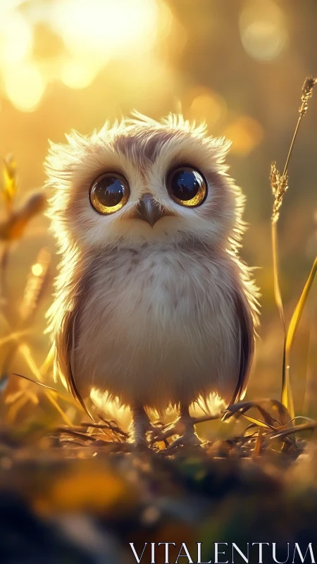 Baby owl glows under golden backlit forest sunset.