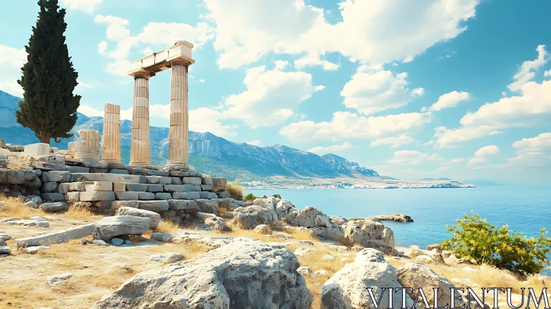 Sunlit temple columns linger over a turquoise coastal hush