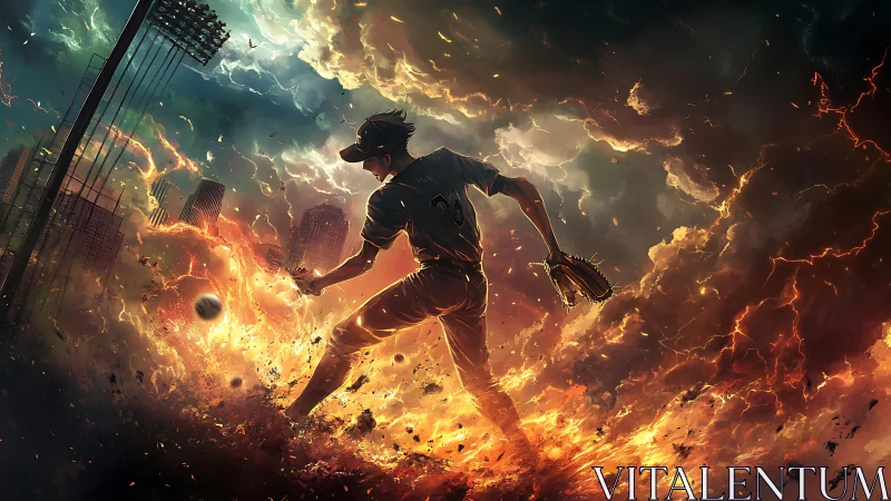 Incandescent baseball pitcher commanding a storm of fire.