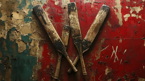 Weathered cricket bats intersect on distressed textured mural