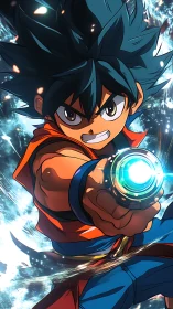 Charging boy hero launches a blazing cosmic energy blast