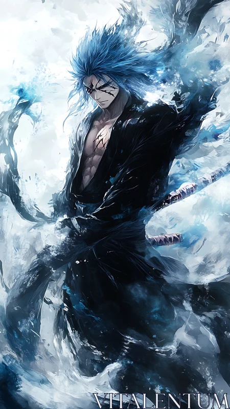 Blue haired warrior in swirling abstract energy field.