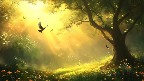 Golden forest morning with birds and wildflower meadow.