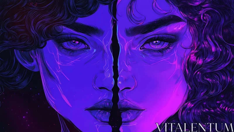 Dual neon portrait with fractured cosmic symmetry in violet.