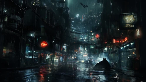 Brooding vigilante in neon-soaked midnight rainstorm street.