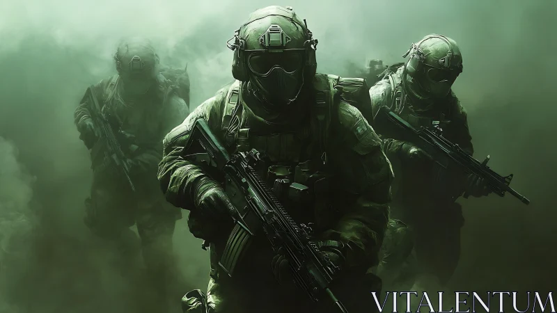 Ghost platoon strides through toxic emerald battlefield haze.