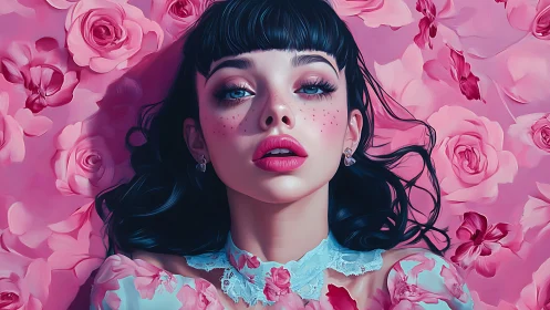 Digital portrait of woman in pink rose floral setting.