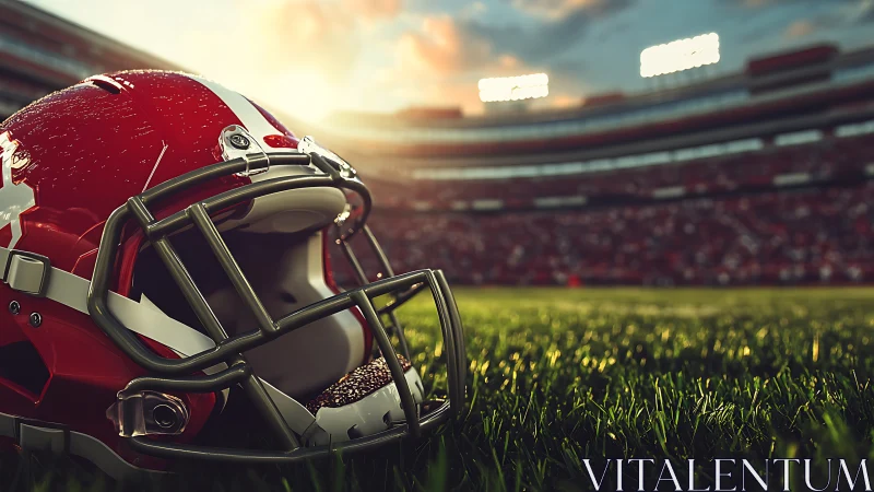 High-gloss football helmet rendered on sunlit stadium turf