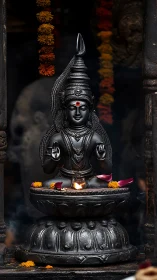 Bronze Hindu deity statue with oil lamp and flower petals.