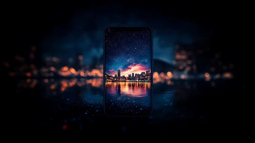 Smartphone display shows illuminated skyline over water