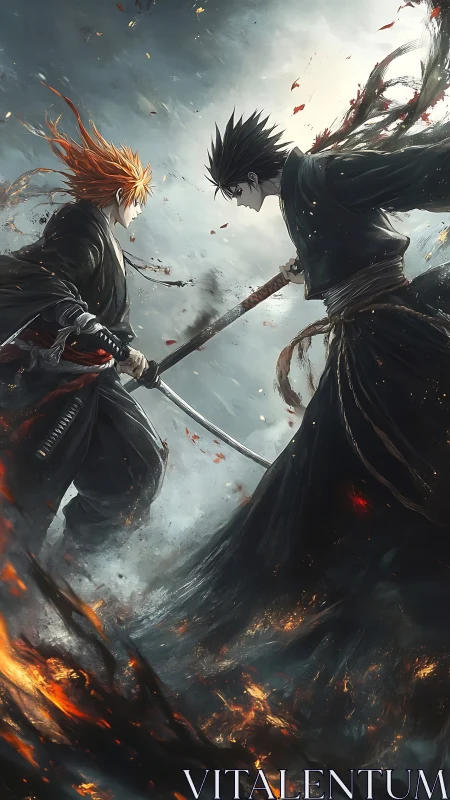 Samurai duel intensifies amid swirling fire and storm winds