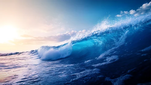 Ocean crest ignites in sunrise blues and molten gold.