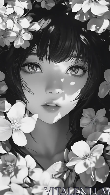 Monochrome stylized female face framed by dense blossoms.