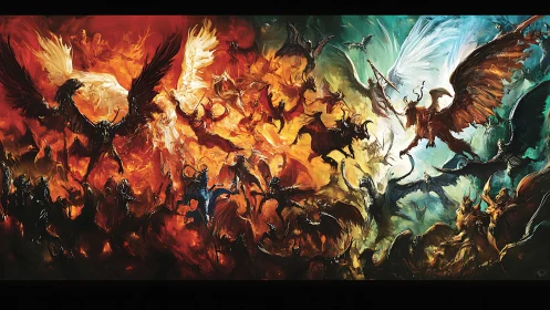 Celestial wings collide in a blazing angelic and demonic war.