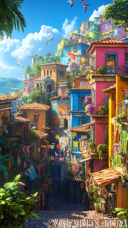Colorful hillside town street glows under bright tropical sky