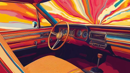 Retro car interior frames swirling sunset horizon view