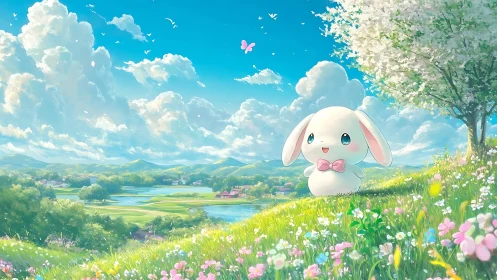 Springtime bunny mascot overlooking bright lakeside valley.