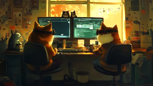Feline Code Warriors: Cats Programming in Neon Gold Light.