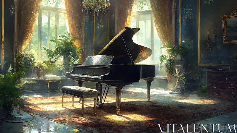 Sunlit grand piano in lush overgrown conservatory interior
