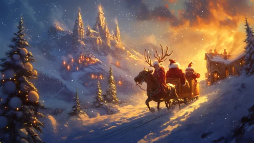 Reindeer-drawn sleigh moves past cabin toward illuminated castle