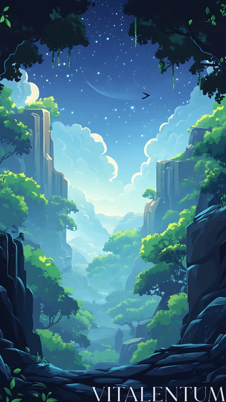 Luminescent Canyon Landscape with Crescent Moon and Stellar Field