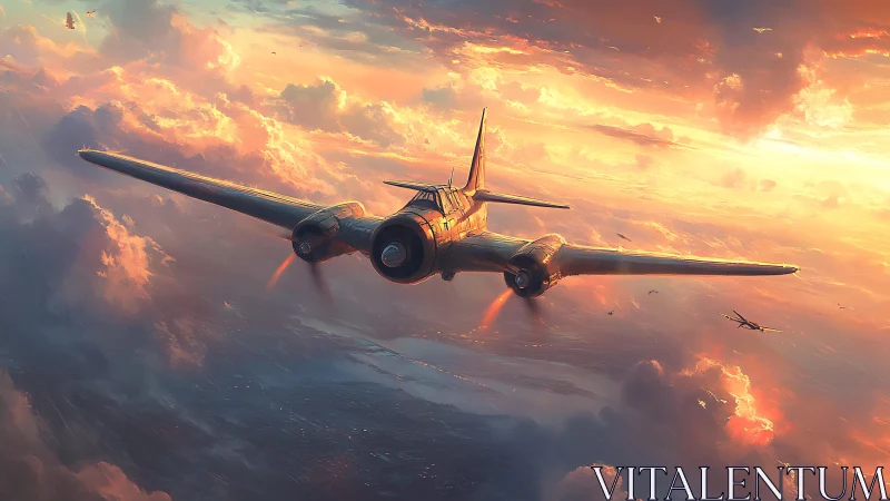 Twin‑engine warplane cuts through volumetric clouds at sunset