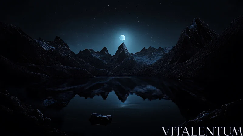 Moonlit peaks cradling a still, midnight mountain lake.