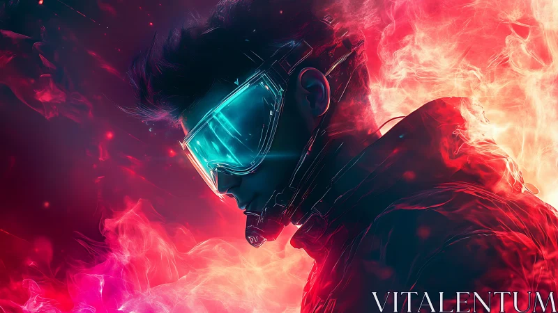 Futuristic visor-clad figure in neon inferno profile portrait.