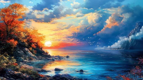 Sunset over rocky coast with autumn trees and calm sea.